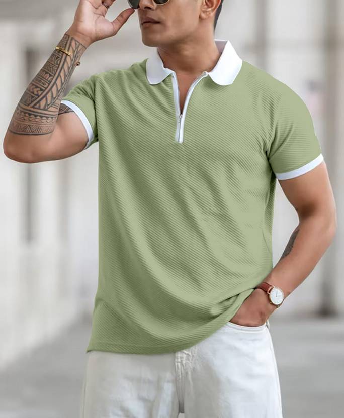 COMBRAIDED Men Self Design Polo Neck Polycotton Black T-Shirt